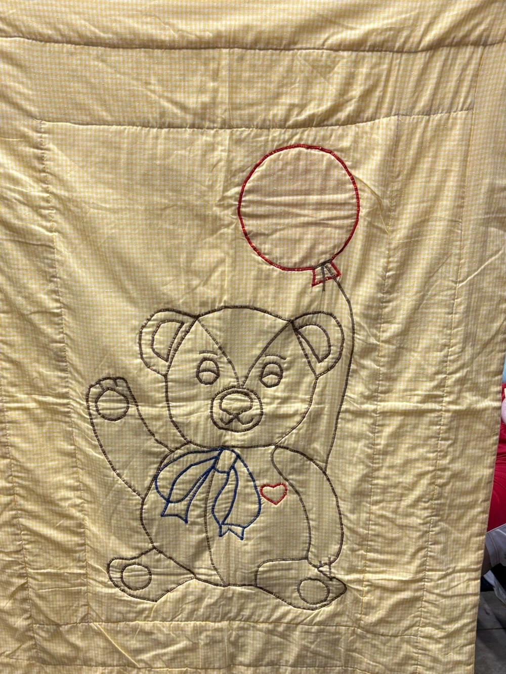 Vintage Handmade Yellow Teddy Bear Appliqué Baby Quilt with Red Balloon